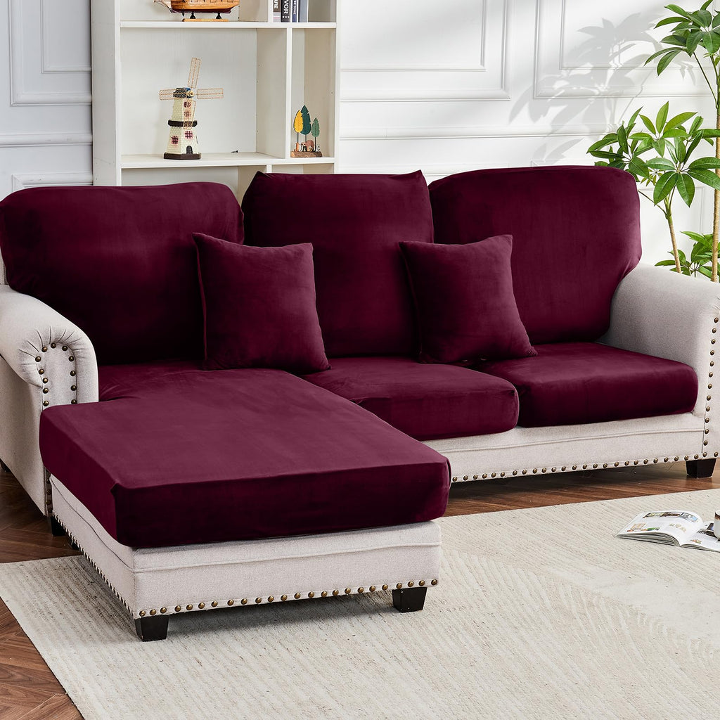 Taque Couch Cover 6-Piece Elastic Velvet Couch Cushion Covers & Chaise Slipcovers for L-Shaped Sofas, Sofa Seat Covers Washable, Soft Cover for Couches (5 Seater + Chaise, Wine)