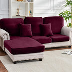 Taque Couch Cover 6-Piece Elastic Velvet Couch Cushion Covers & Chaise Slipcovers for L-Shaped Sofas, Sofa Seat Covers Washable, Soft Cover for Couches (5 Seater + Chaise, Wine)