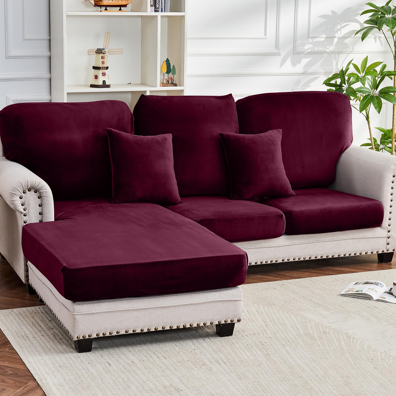 Taque Couch Cover 6-Piece Elastic Velvet Couch Cushion Covers & Chaise Slipcovers for L-Shaped Sofas, Sofa Seat Covers Washable, Soft Cover for Couches (5 Seater + Chaise, Wine)