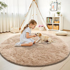 OLANLY Beige Round Rugs for Bedroom - Machine Washable, 9 ft Circle Area Rugs for Living Room, Soft and Fluffy Shaggy Carpet for Teen Girls and Boys, Nursery Rooms, Dorms, Home Decor Aesthetic