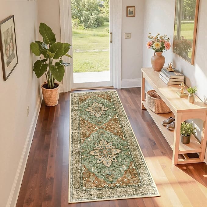 RELEANY Washable Area Rug, Runner 2'x6', Brick/Brown/Green