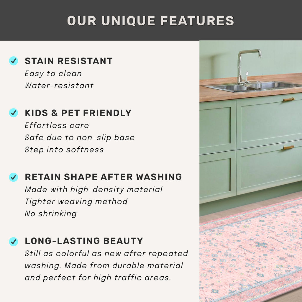 Hazo Haus Pink and Blue Washable 5x8 Living Room Rugs, Boho Aethestic Oushak Vintage Area Rug for Bedroom Girls Kids Playroom Nursery Room, Non-Slip Rubber Backing Stain Resistant
