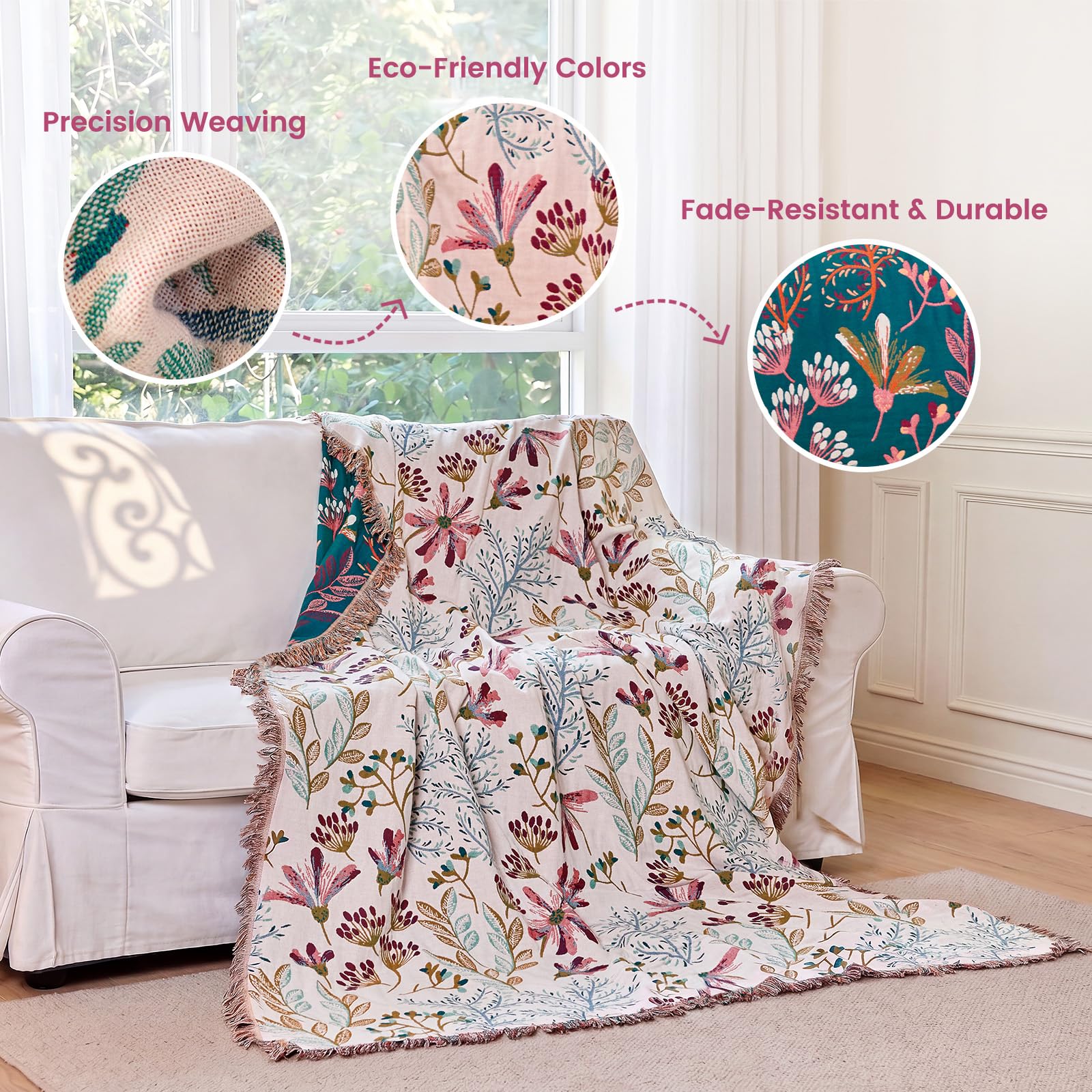 MSGKV Boho Throw Blanket 50"x60" 100% Cotton Floral Throw for Couch Sofa