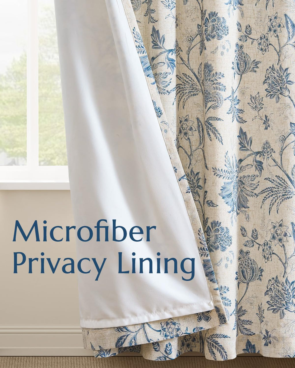 jinchan Lined Linen Floral Curtains for Living Room, 96 Inch Length Printed Flower Farmhouse Patterned French Country Back Tab Blue Window Drapes Set Privacy Bedroom Curtains, 2 Panels