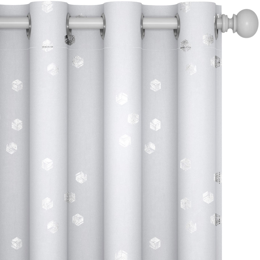 Deconovo Room Darkening Curtains, Greyish White Thermal Grommet Drapes, Silver Cubic Foil Print, Energy Saving Curtains, 52" W x 95" L, 2 Panels, for Bedroom Living Room Patio Door