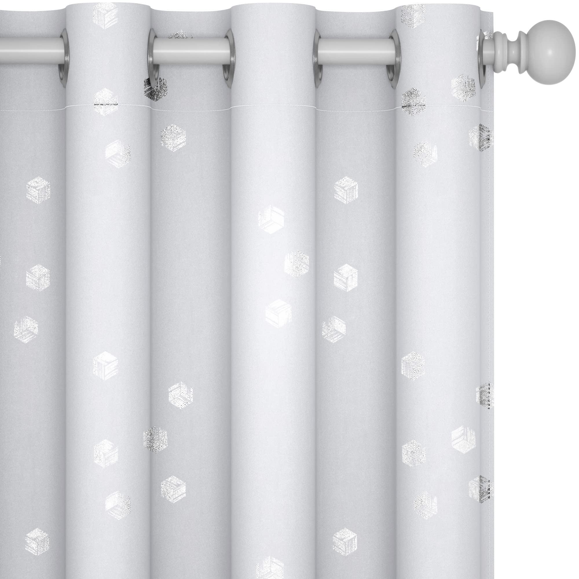 Deconovo Room Darkening Curtains, Greyish White Thermal Grommet Drapes, Silver Cubic Foil Print, Energy Saving Curtains, 52" W x 95" L, 2 Panels, for Bedroom Living Room Patio Door