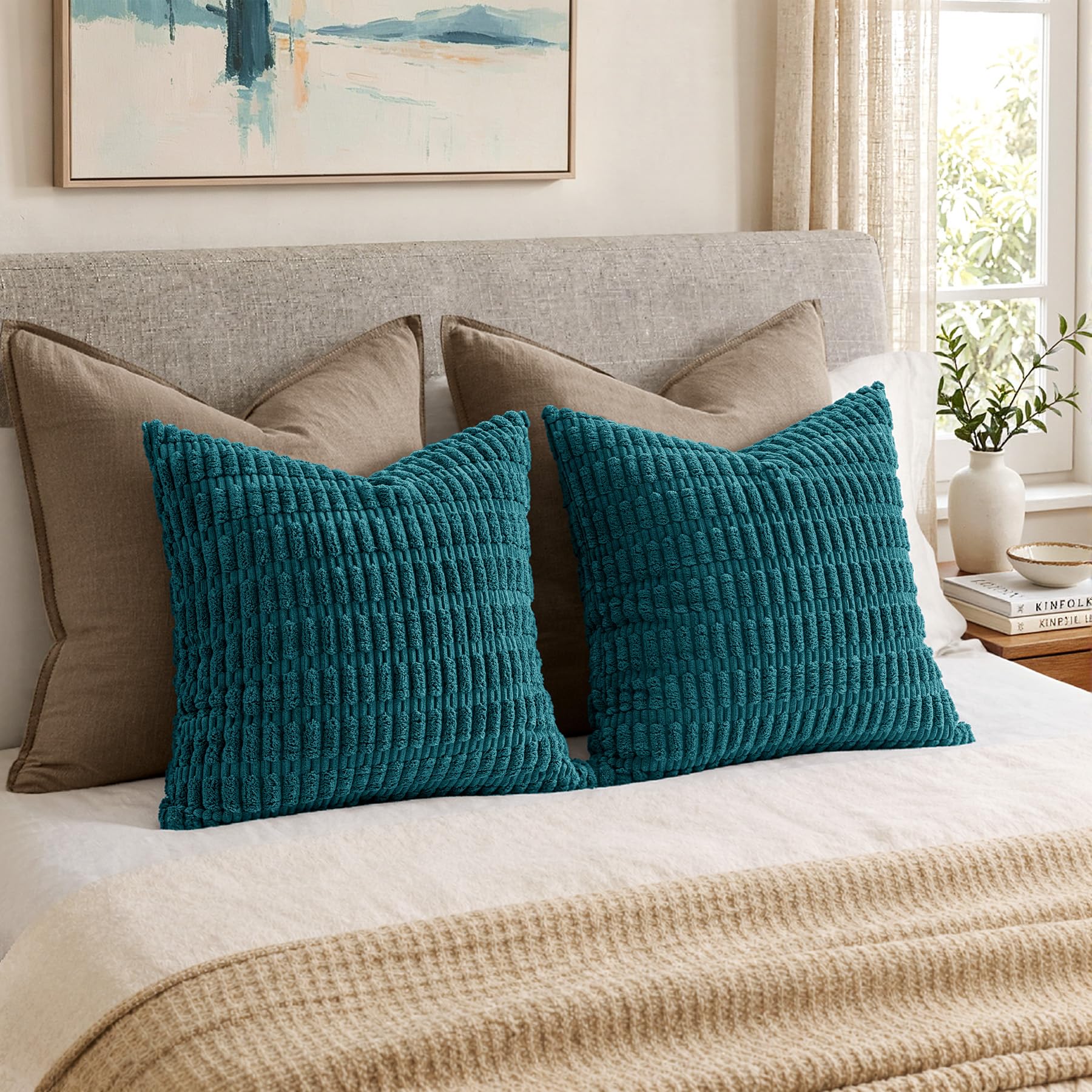 MIULEE Corduroy Decorative Throw Pillow Covers 20x20 Teal Pack of 2