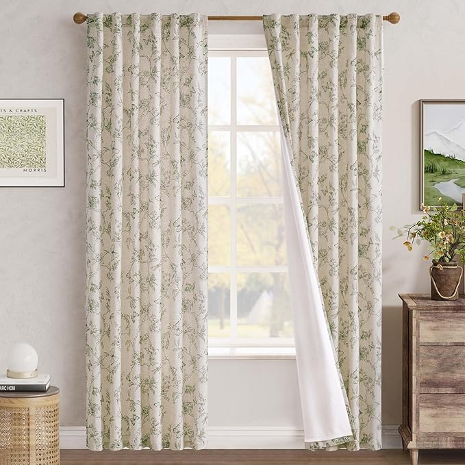 jinchan Green Floral Linen Curtains Lined 84 Inch Vintage Back Tab 2 Panels