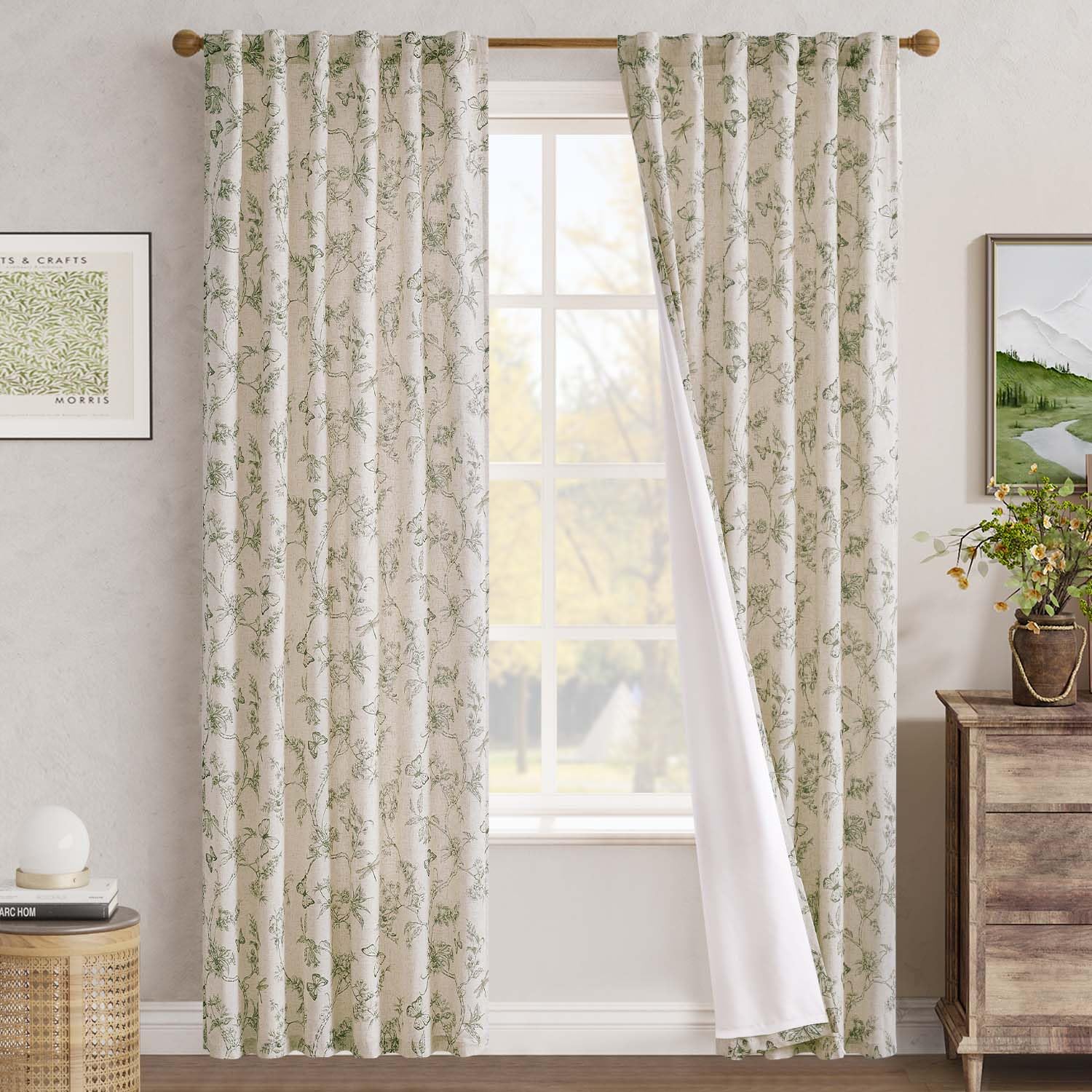 jinchan Green Floral Linen Curtains Lined 84 Inch Vintage Back Tab 2 Panels