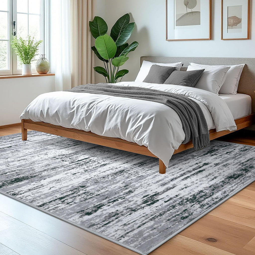 Lansny Modern Abstract 5x7 Machine Washable Area Rug Non-Slip Soft Bedroom Living Romm Rug Black Gray White Ultra Thin Print Faux Wool Floor Carpet Throw Rugs for Nursery Playroom Dining Room Indoor