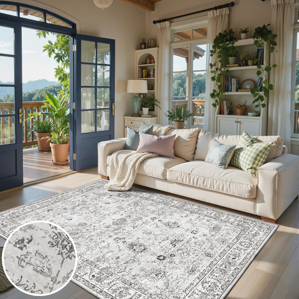 Babovid Grey Floral Area Rug 4x6 for Bedroom Dining Room