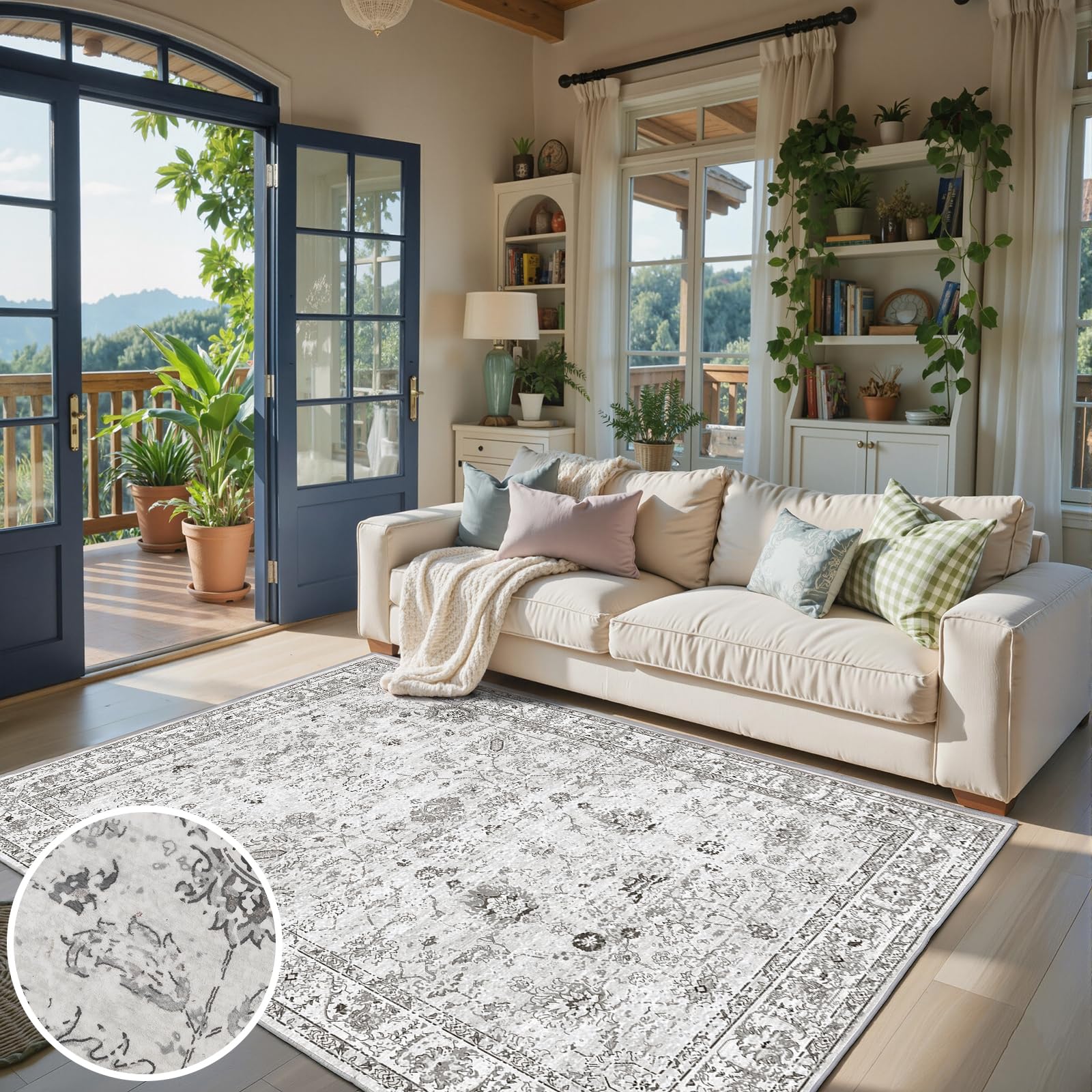 Babovid Grey Floral Area Rug 4x6 for Bedroom Dining Room