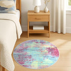IOHOUZE Round Area Rug 3 Ft Circle Entryway Rugs Round Washable Door Mat Indoor Entrance, Non Slip Circle Front Door Rug, Printed Abstract Faux Wool Floor Carpet for Foyer Porch Sink, Pink Teal