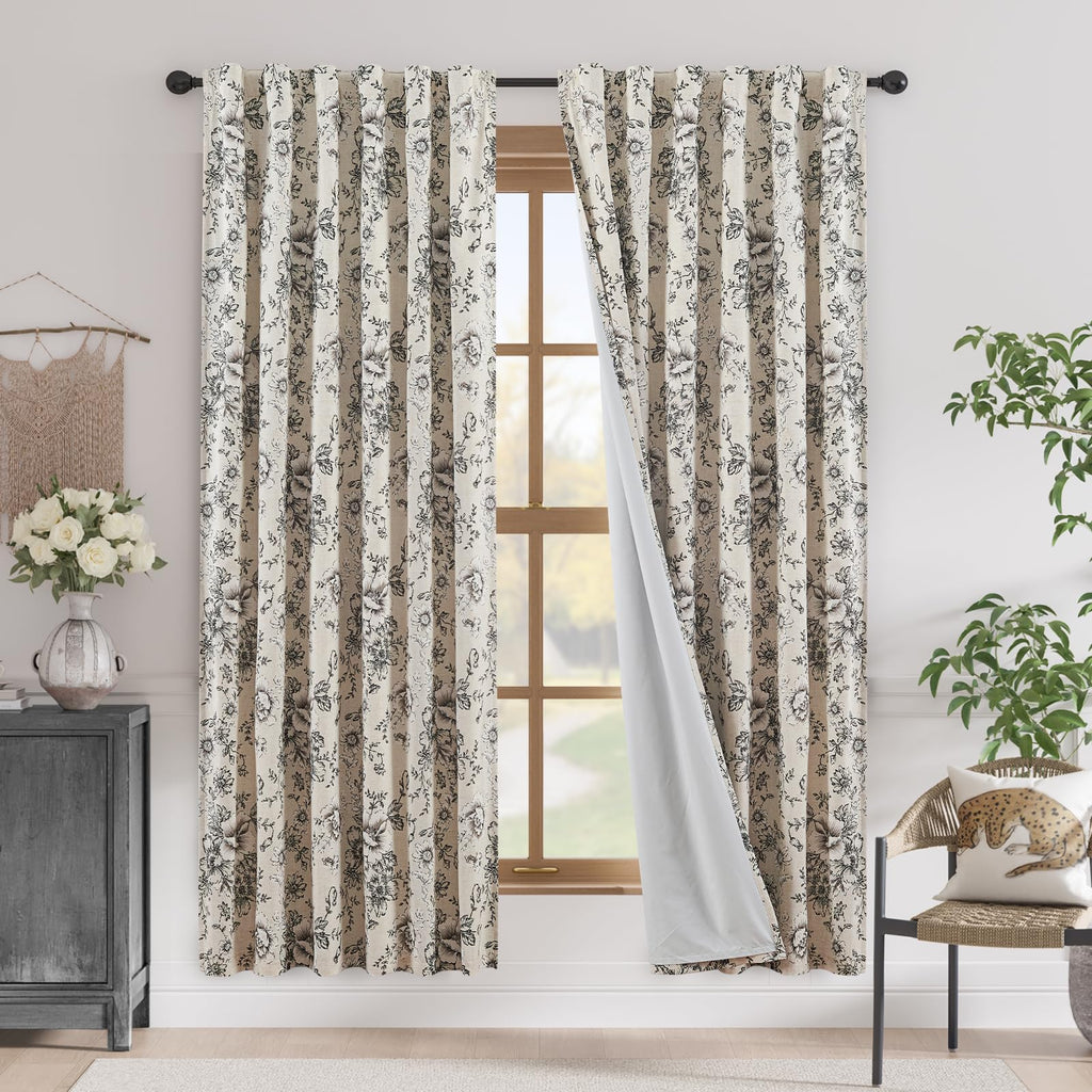 jinchan Black Floral Linen Blackout Curtains 72 Inch Back Tab 2 Panels