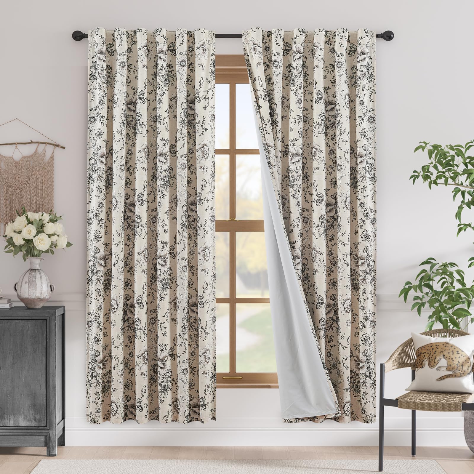 jinchan Black Floral Linen Blackout Curtains 72 Inch Back Tab 2 Panels
