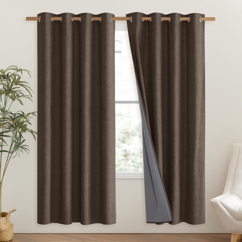 NICETOWN Coffee Vintage Linen 100% Blackout Curtains for Living Room, Thermal Insulated Curtains 72" Long, Noise Reducing Window Treatment Drapes for Hall Room, 52" Wide Per Panel, Set of 2