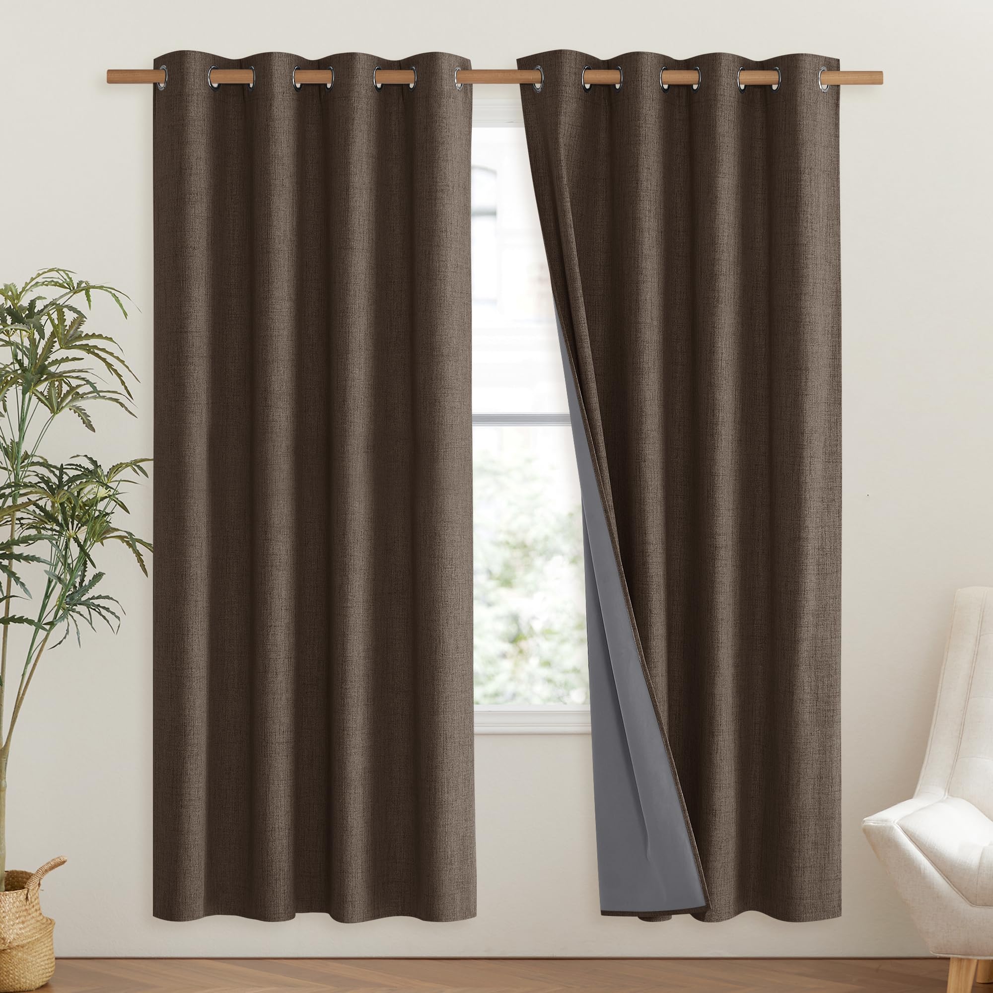 NICETOWN Coffee Vintage Linen 100% Blackout Curtains for Living Room, Thermal Insulated Curtains 72" Long, Noise Reducing Window Treatment Drapes for Hall Room, 52" Wide Per Panel, Set of 2