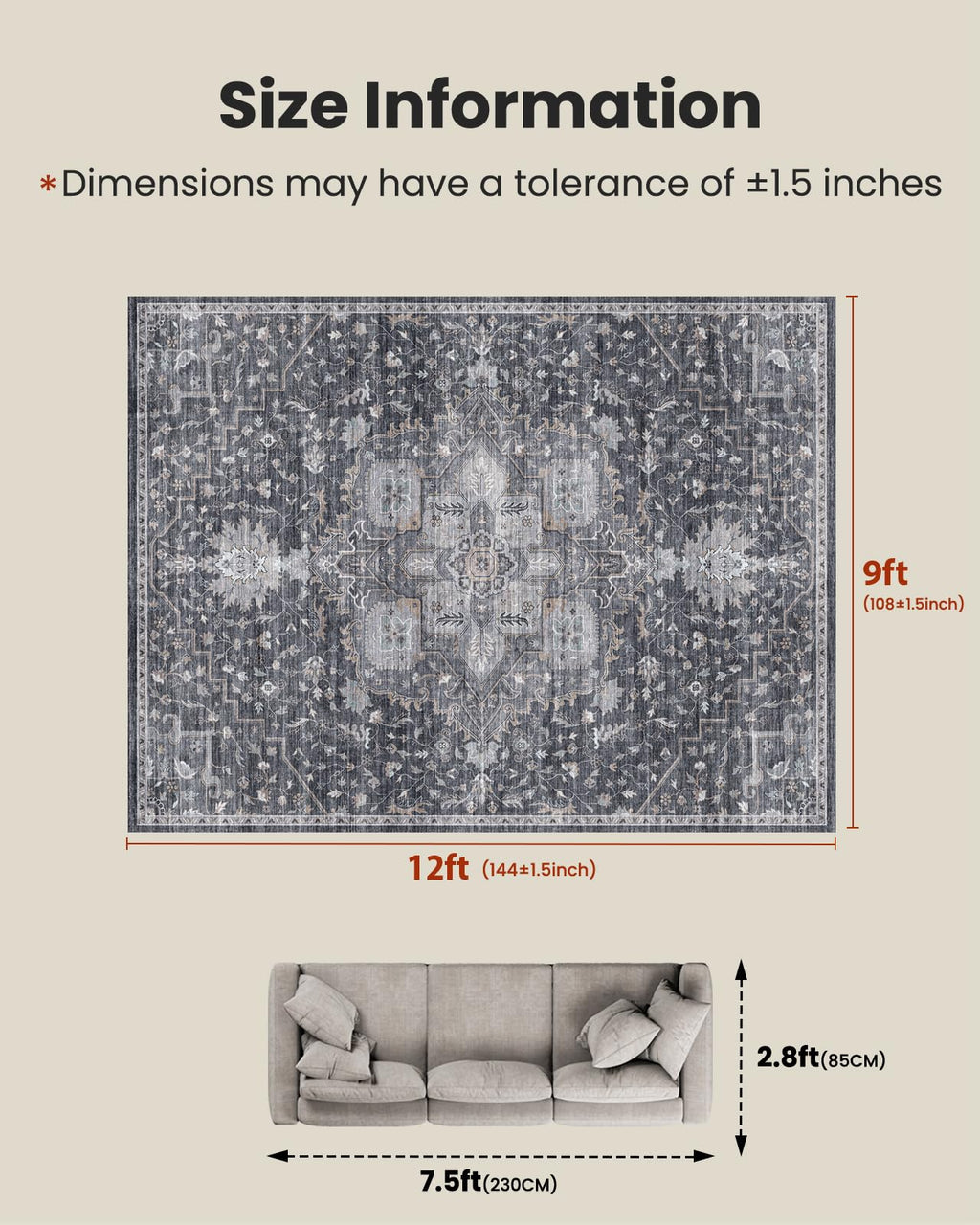 AMADA HOMEFURNISHING 9x12 Washable Area Rug, Low-Profile Large Area Rug with Non-Slip Backing & Durable Edge Binding, Vintage Large Rugs for Living Room, Bedroom & Dining Room