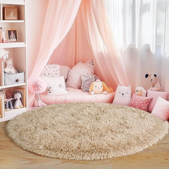 Quntue 6‘x6’ Beige Round Rug for Bedroom, Ultra Soft Fluffy Circle Rug for Kids Girls Boys Room, Cute Shag Rugs for Living Room Playroom Tent Castle Home Decor Rug