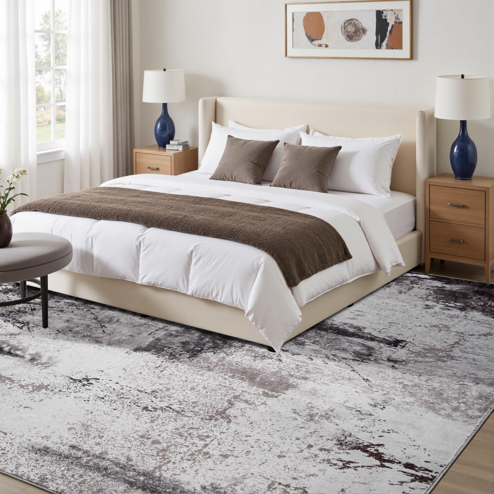 Toneed Abstract Area Rug Modern Washable Rug Soft Non Slip Rug Low Pile for Bedroom Living Room Dining Room Coffee Brown 5x7 Feet