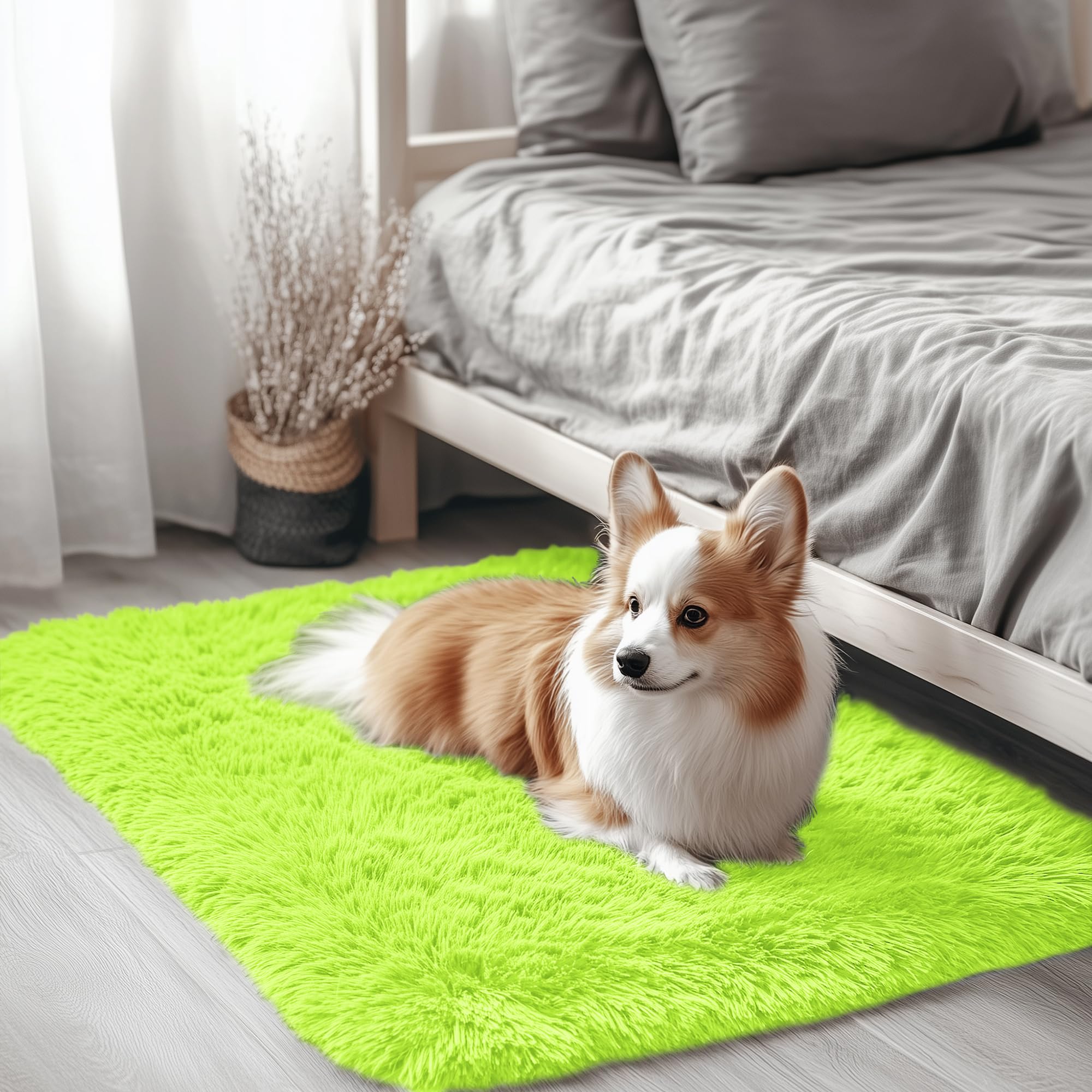OLANLY 2x3 Machine Washable Small Bedside Rug, Soft Fluffy Shaggy Entryway Throw Rugs for Bedroom, Living Room, Indoor Floor Carpet for Kids Girls and Boys, Home Decor Aesthetic, Lime Green