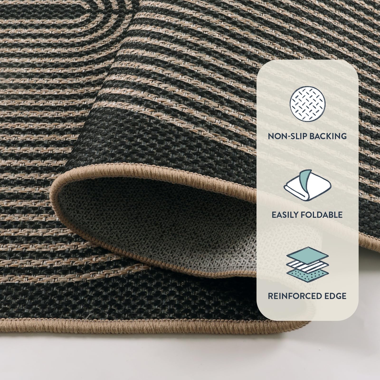 Lahome Modern Rainbow Easy Jute Outdoor Patio Rug, 3x5 Black Office Rug