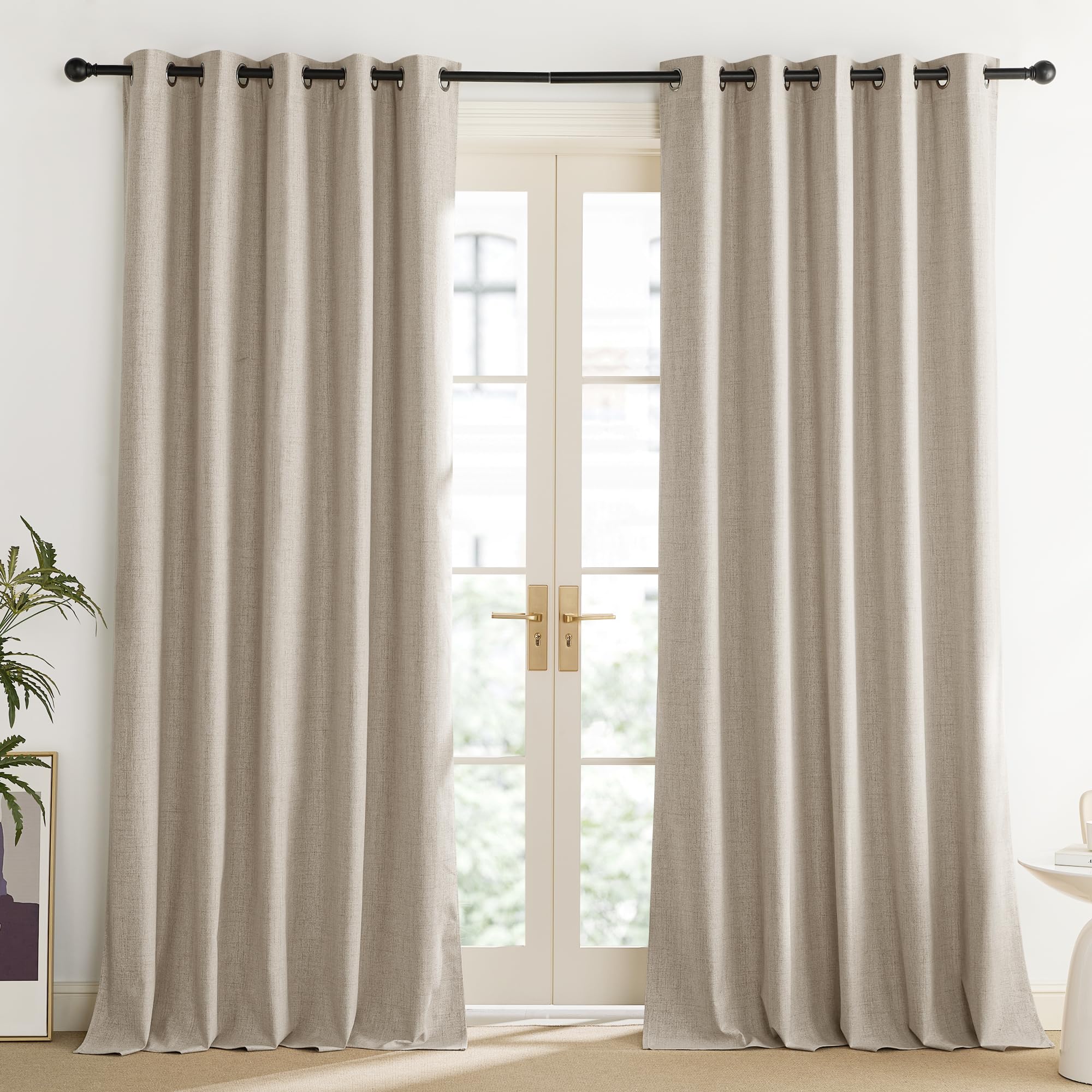 NICETOWN Oatmeal Vintage Open Linen Weave Flax Thermal Curtains, 100% Blackout Curtains 84" Long for Dining Room, Soundproof Window Treatment Drapes for Dining Room, 62" Wide Per Panel, Set of 2