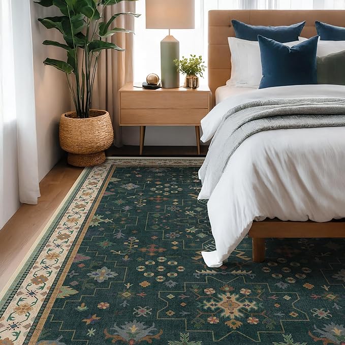 Hazo Haus Dark Green Vintage 8x10 Washable Rugs for Living Room - Dark Academia Victorian Floral Geometric Bedroom Rug, Ultra Soft Thin Low Pile Non-Slip Large Rugs for Dining Room Under Table Lounge
