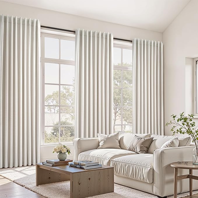 Extra Wide 60 Inch Blackout Curtains 96 Inches Long for Living Room Natural Rustic Textured Linen Back Tab Pleated Dining Room Office Insulated Ceiling Track Window Drapes 60"W x 96"L 2 Panels