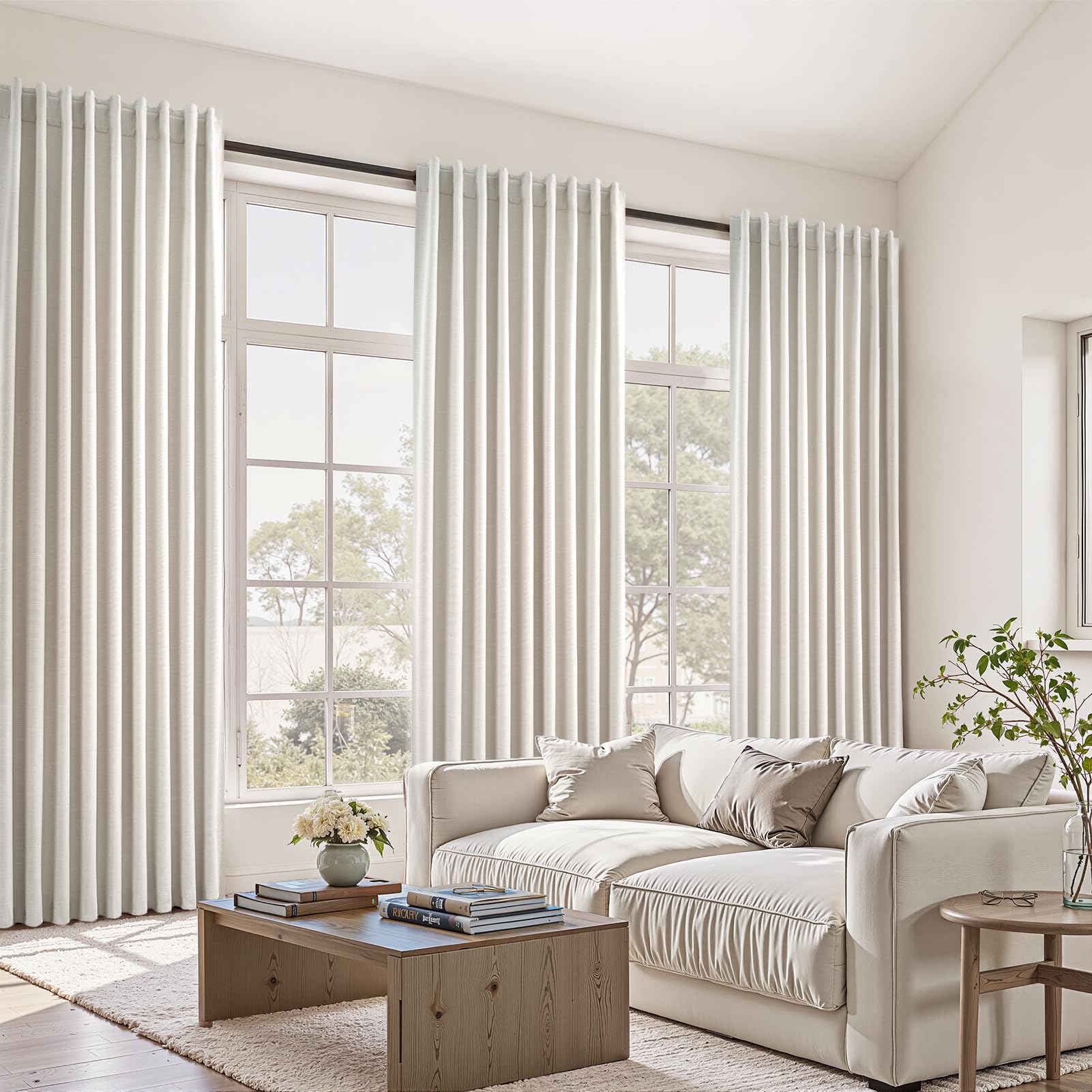 Extra Wide 70 Inch Length Blackout Curtains & Drapes 92 Inches Long 2 Panels Set for Sliding Glass Doors Modern Pleated Linen Blend Heavy Floor to Ceiling Large Window Drapes(70"Wx92"Lx 2 Birch)