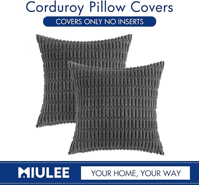 MIULEE Pack of 2 Corduroy Decorative Throw Pillow Covers 18x18 Inch Soft Boho Striped Pillow Covers Modern Farmhouse Home Decor for Sofa Living Room Couch Bed Dark Grey
