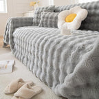 HANDONTIME Grey Plush Sofa Covers Washable Rabbit Plush Couch Cover Soft Cozy Faux Fur Couch Protector for Dogs Fluffy Plush L Shaped Sofa Cover Pet Friendly Couch Protector Furniture, 71" X134"