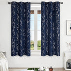 Deconovo Blackout Curtains, Navy Blue Curtain, Thermal Insulated Soundproof Drapes, Branch Silver Print, 42 x 63 Inch Long, Machine Washable Grommet Panels for Bedroom Living Room Office, Set of 2