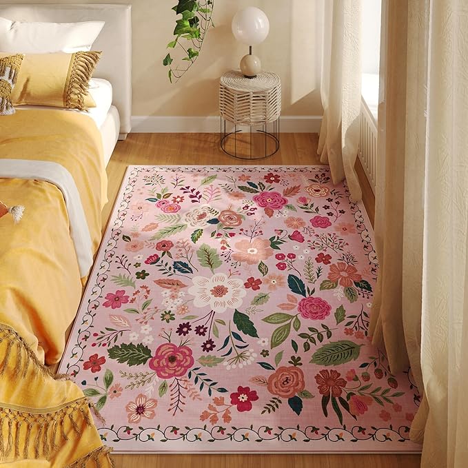 Rugcomf Bedroom Rug 3x5 Rug Washable Area Rug Non Slip Low Pile Boho Floral Small Carpet for Bedroom, Bedside, Kitchen, Entryway, Kids Room, Office, College Dorm Essentials for Girls(Pink)