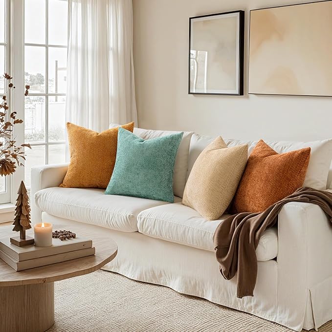 MIULEE Soft Decorative Chenille Fall Pillow Covers Beige Orange Teal 18x18