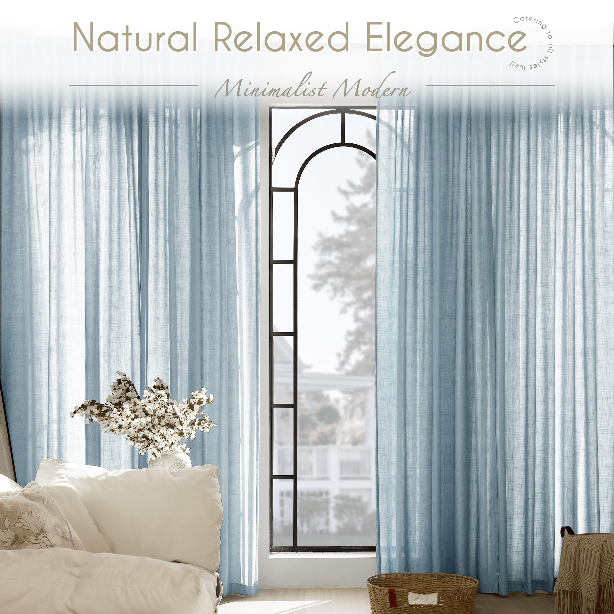 Dusty Blue Linen Curtains for Living Room Back Tab Light Filtering Semi Sheer Light Blue Bedroom Curtains Linen Cotton Textured Grey Blue Drapery Panel Airy Modern Farmhouse Aesthetic Decor 52x96 Long