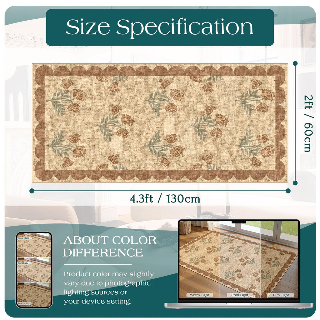 Othilic Front Door Mat Indoor Entrance - 2x4.3 Ft Tan Floral Washable Layered Doormat Outdoor Entrance Porch Rug Non-Slip Neutral Country Jute-Look Runner Rug for Kitchen Mud Laundry Room Porch Decor
