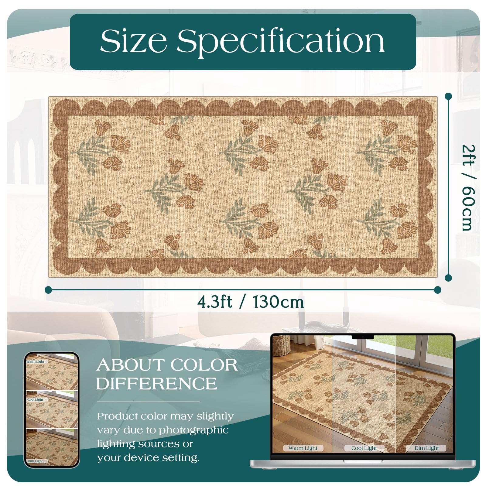 Othilic Front Door Mat Indoor Entrance - 2x4.3 Ft Tan Floral Washable Layered Doormat Outdoor Entrance Porch Rug Non-Slip Neutral Country Jute-Look Runner Rug for Kitchen Mud Laundry Room Porch Decor