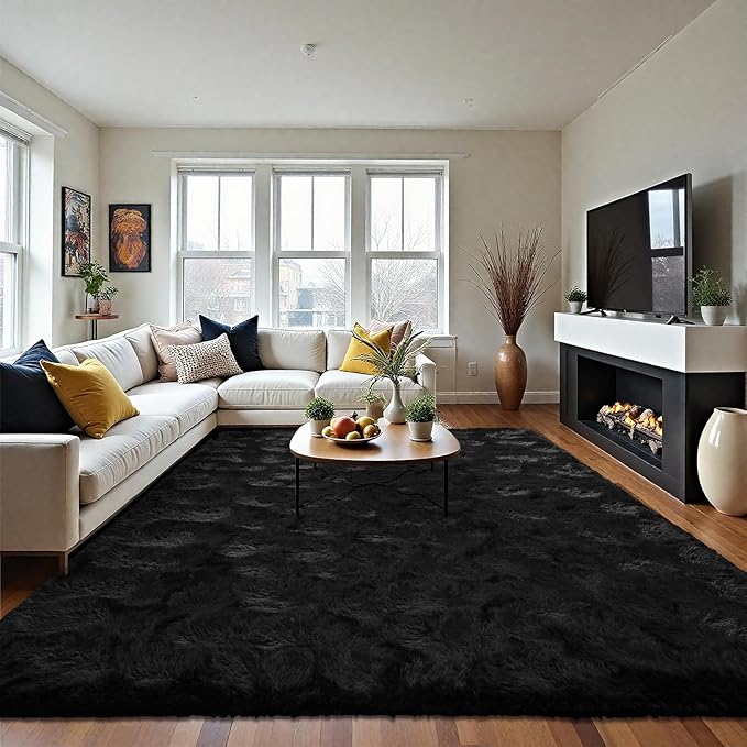 LOCHAS Ultra Soft Indoor Modern Area Rugs Fluffy Living Room Carpets for Children Bedroom Home Decor Nursery Rug 4x6 Feet, Black