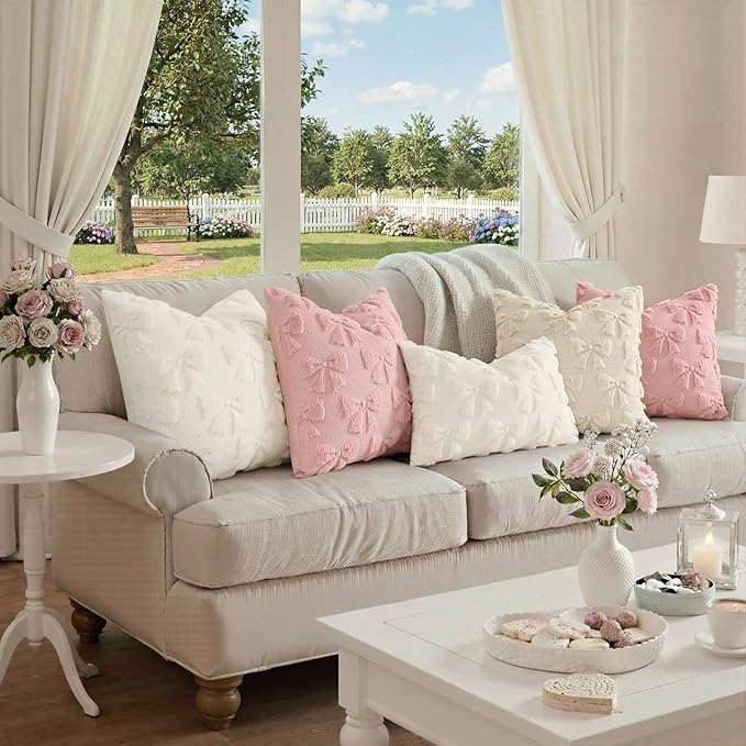 decorUhome Cream White Bow Pillow Covers Set of 2 Coquette Aesthetic Cute Preppy Plush Faux Pillowcases for Girly Bedroom or Couch 16x16 Inch