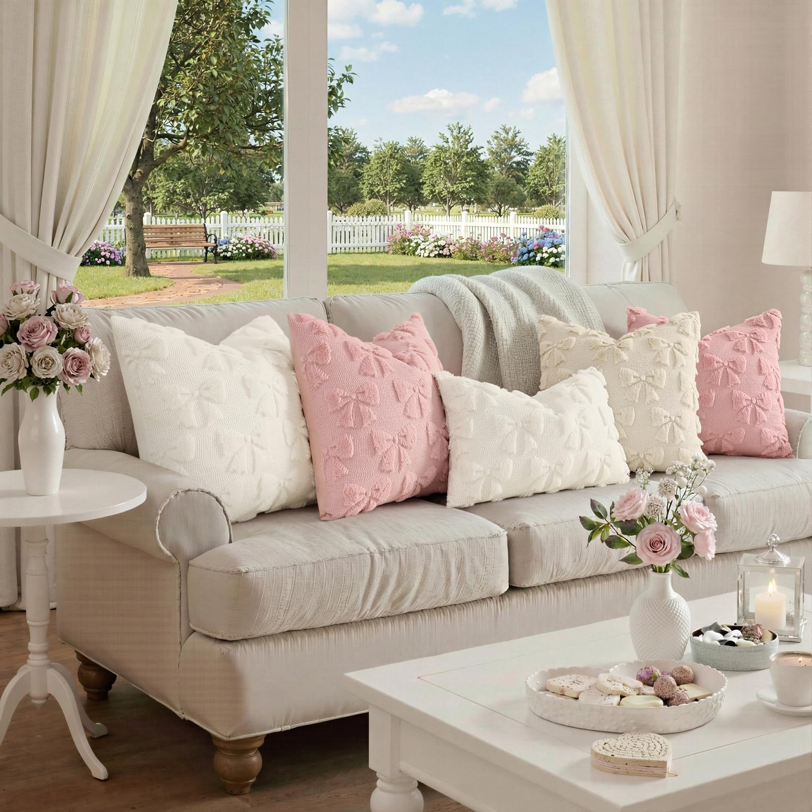 decorUhome Beige Bow Cute Girl Faux Fur Throw Pillow Covers 18x18 Set of 2