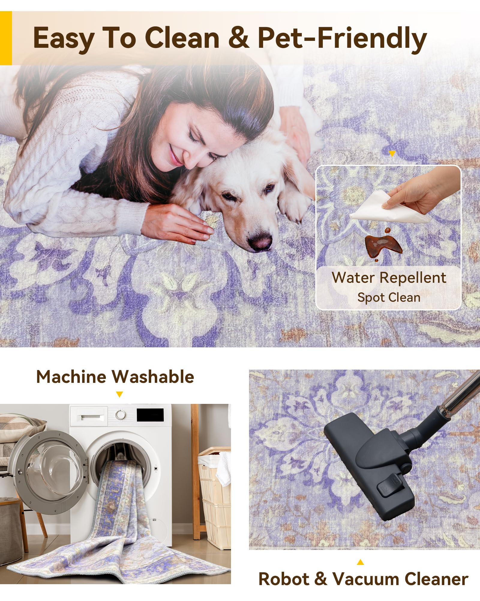 RELEANY Washable Area Rug, 3'x5', Purple