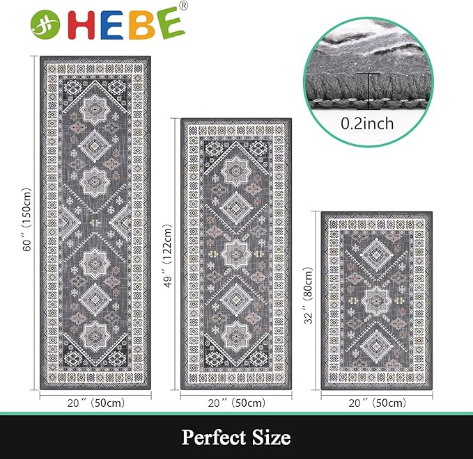 HEBE Boho Kitchen Rugs Set of 3, Non Slip Washable Kitchen Mats for Floor