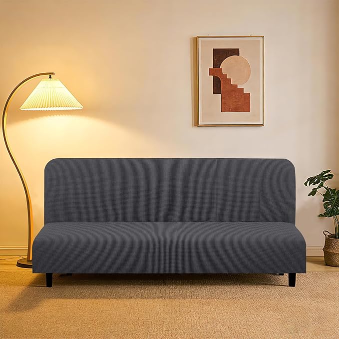 U-NICE HOME Stretch Futon Cover Armless Bed Slipcover - Soft Jacquard Fabric Washable for Pet Friendly, Dark Grey