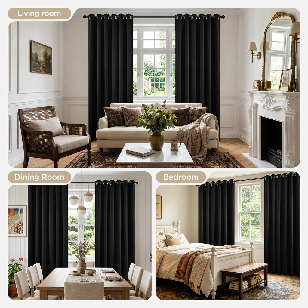 Joydeco Christmas Blackout Curtains for Living Room, Black Curtains 90 Inch Long 2 Panels Set, Room Darkening Grommet Drapes for Bedroom Window (Black, W52 x L90 Inch)