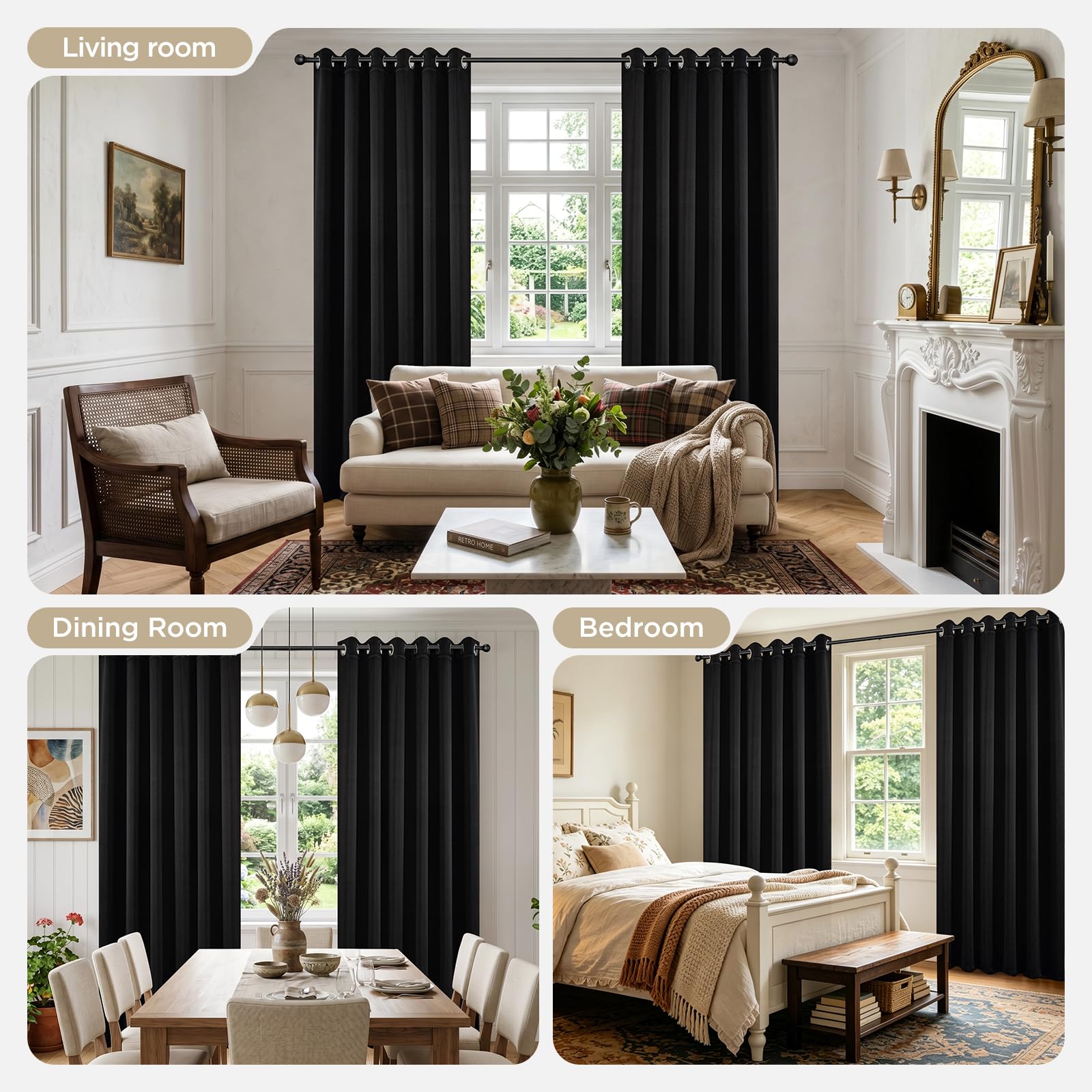 Joydeco Christmas Blackout Curtains for Living Room, Black Curtains 90 Inch Long 2 Panels Set, Room Darkening Grommet Drapes for Bedroom Window (Black, W52 x L90 Inch)