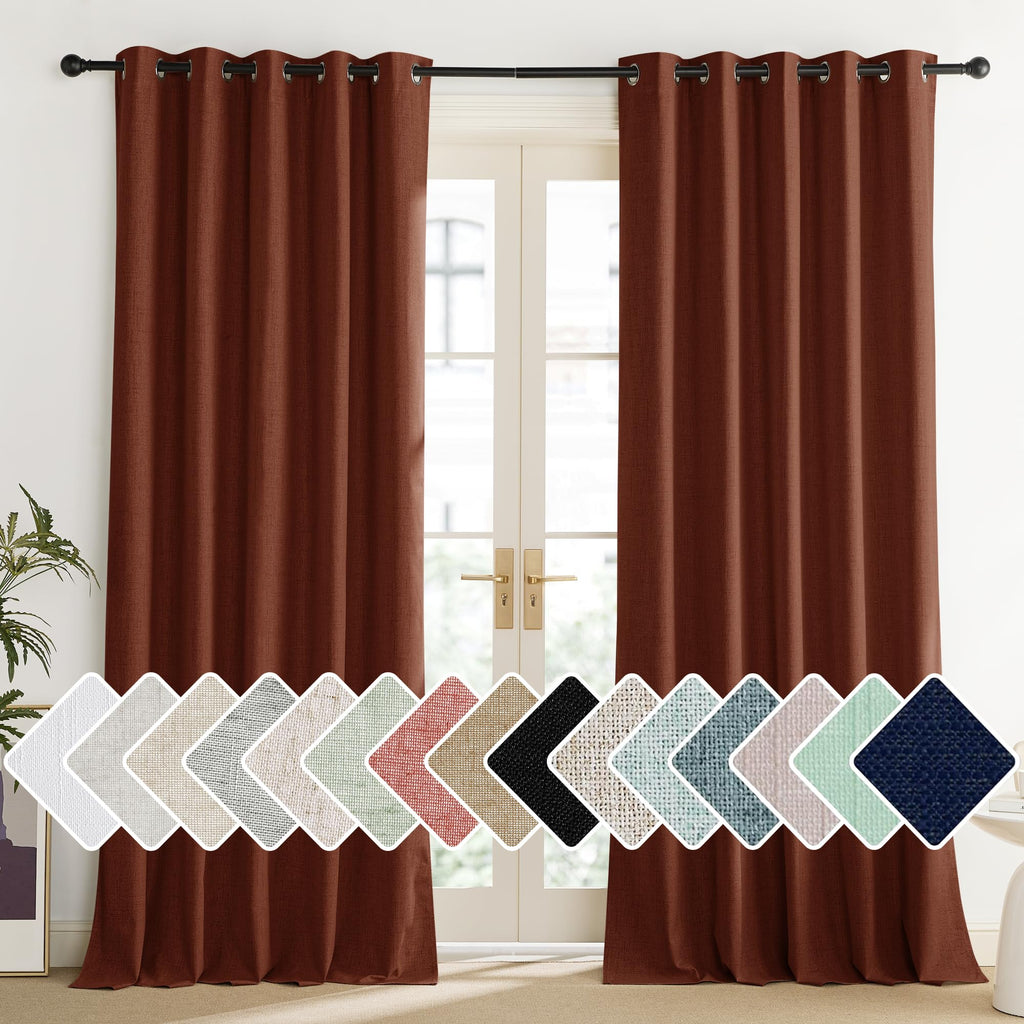 NICETOWN 100% Absolutely Blackout Linen Curtains with Thermal Insulated Liner, 62" Wide, 2 Panels, 120" Long Drapes, Grommet Retro Burnt Orange Linen Curtains Vertical Drapes Privacy for Bedroom