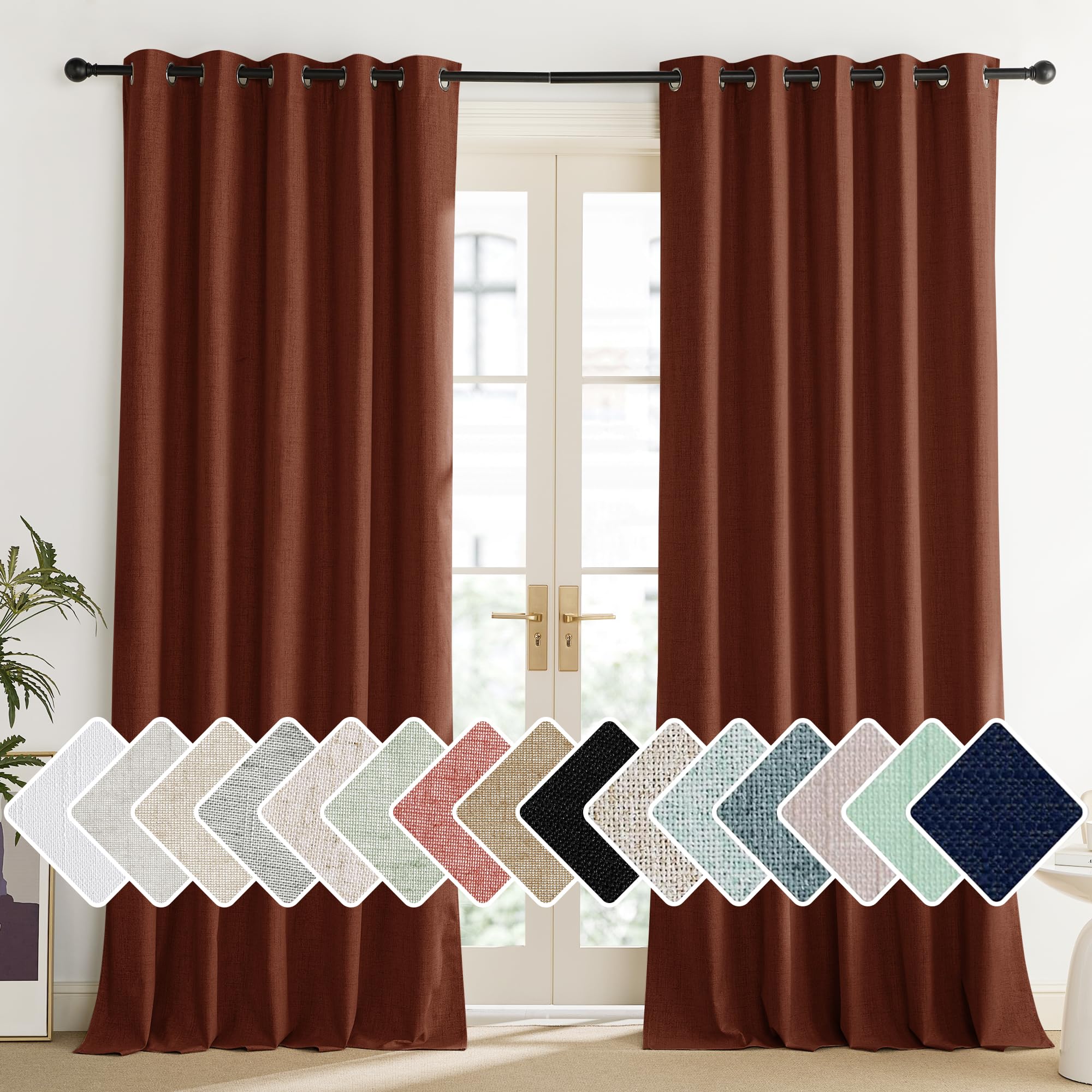 NICETOWN 100% Absolutely Blackout Linen Curtains with Thermal Insulated Liner, 62" Wide, 2 Panels, 120" Long Drapes, Grommet Retro Burnt Orange Linen Curtains Vertical Drapes Privacy for Bedroom