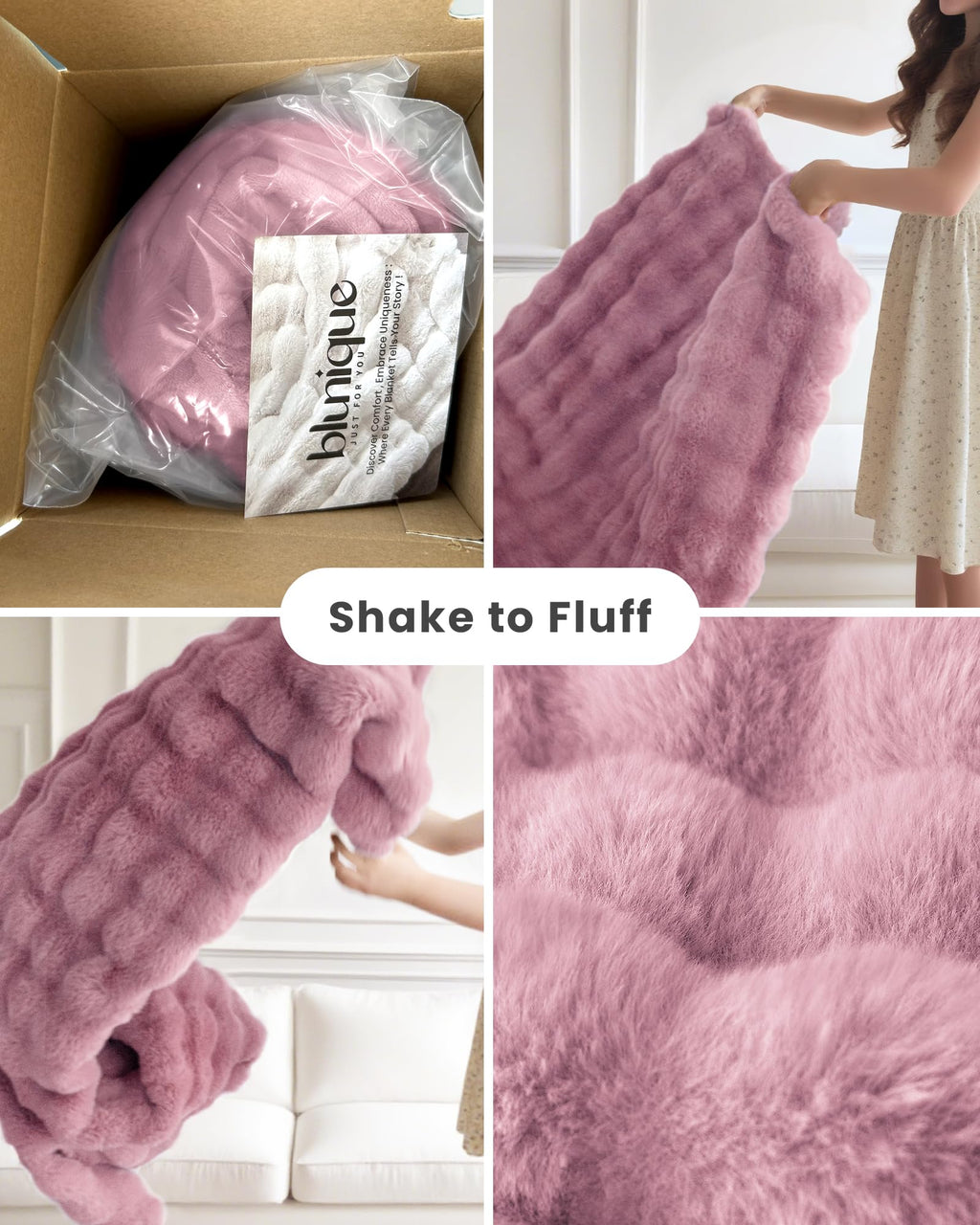 blunique Ultra Soft Cozy Faux Fur Throw Blanket, Fuzzy Plush Thick Bubble Blanket, Oversize Luxury Fluffy Blanket for Couch, Sofa, Bedroom, and Living Room,50x60 Inches,Pink