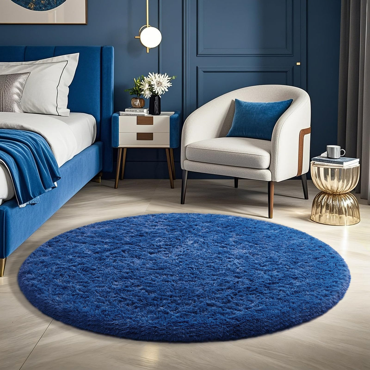 Ophanie Round Rug 4Ft White Circle Area Rug, Aesthetic Room Decor, Fluffy Fuzzy Bedroom Carpet, Plush Soft Shaggy Living Room Rugs for Kids Home, Nursery with 99 pcs Pile fibers